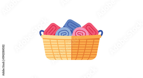 A light brown woven basket with dark handles is filled with folded and rolled red, pink, and blue towels on a white background.