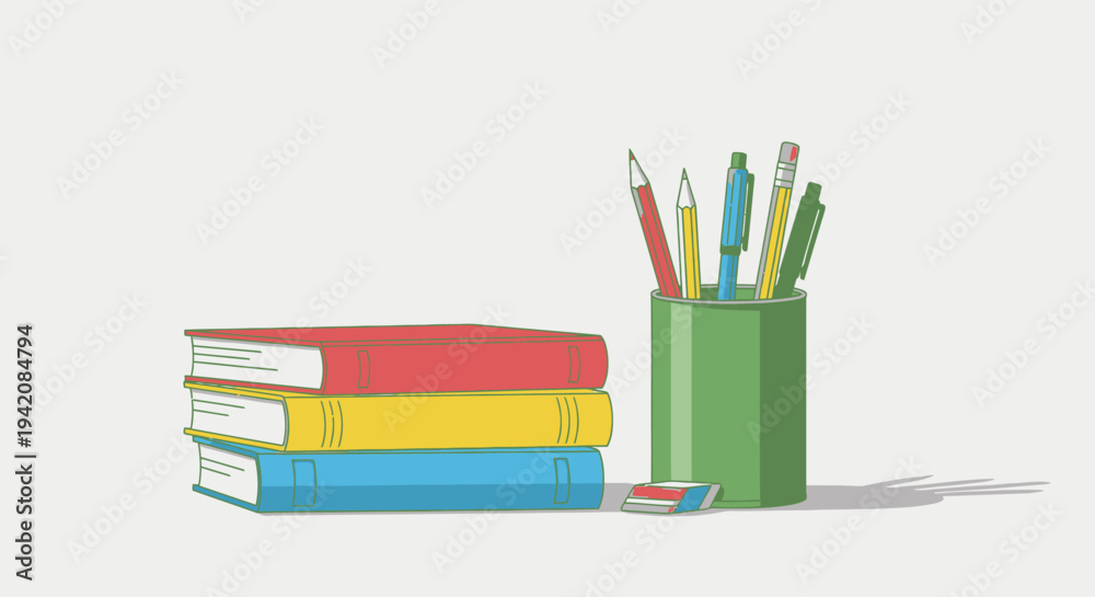 Fototapeta premium A colorful group of art stationery featuring colored pencils and pens in a box with notebooks and school accessories for drawing and education
