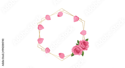 A delicate gold hexagonal frame encloses scattered pink rose petals, with two vibrant pink roses and green leaves at its bottom right, on a white background.