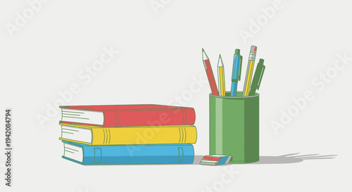 A colorful group of art stationery featuring colored pencils and pens in a box with notebooks and school accessories for drawing and education