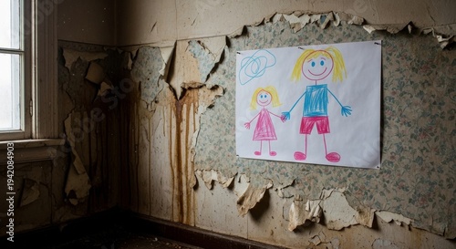 Child's Drawing of Two Figures Holding Hands on Peeling Wallpaper