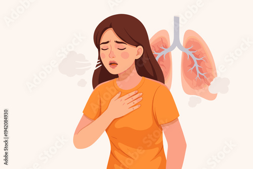 Woman Suffering from Shortness of Breath and Chronic Obstructive Pulmonary Disease COPD with Lung Diagram. Vector Illustration of Female Character with Breathing Difficulties and Chest Pain.