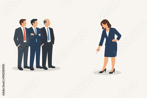 Businesswoman drawing a protective circle around herself to maintain personal space and distance from a group of male colleagues, illustrating boundaries, social distancing, and independence.