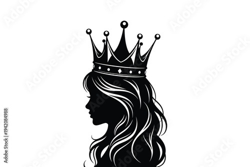 Elegant black silhouette of a woman wearing a crown, royal profile illustration with long wavy hair, symbolizing luxury, power, and beauty.