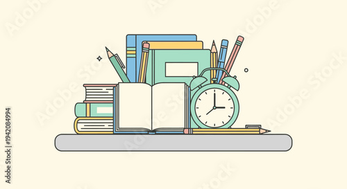 Organized study shelf with books, open notebook, pencil holder, clock, and a small plant, promoting calm learning on a light yellow background.