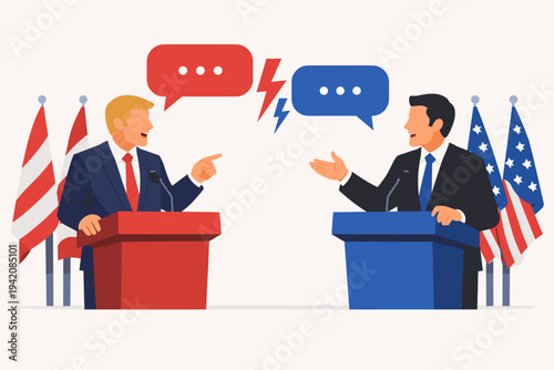 Vector illustration of two political candidates engaged in a televised debate at podiums with American flags. Red and blue speech bubbles and a lightning bolt represent political conflict.