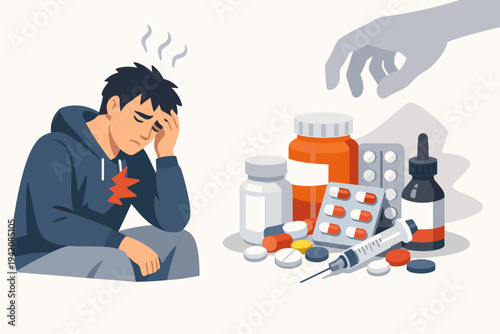 Vector Illustration of a Sick Man Suffering from Painkiller Addiction and Drug Abuse, Depicting the Opioid Crisis, Medication Dependency, Mental Health Issues, and Substance Misuse with Pills.
