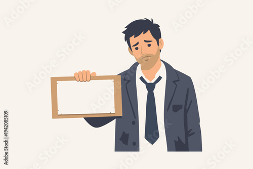 Sad Unemployed Businessman in Tattered Suit Holding Blank Cardboard Sign for Job Search, Vector Illustration of Economic Crisis, Poverty, and Unemployment Concept for Social Issues and Business