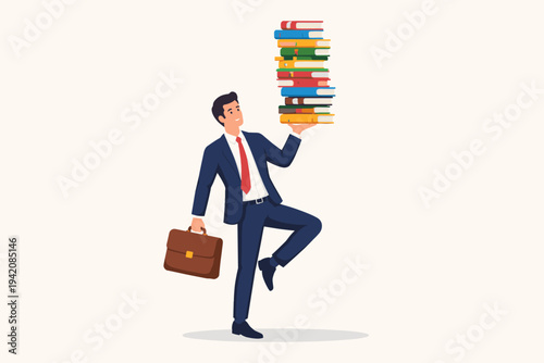 Professional businessman in a suit balancing a large stack of books on his hand while carrying a briefcase, representing lifelong learning, career growth, education, and work-life balance.