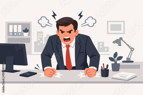 Angry businessman in a suit shouting and slamming fists on desk in office, furious boss or manager expressing rage and frustration, flat vector illustration of work stress, burnout, and anger.