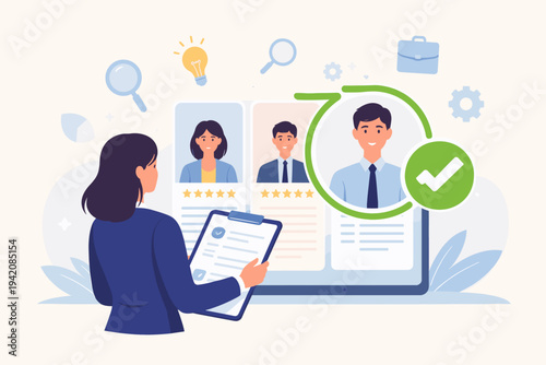 Professional Female HR Manager Selecting Best Male Candidate for Job Position, Human Resources Recruitment Process and Employee Selection Concept, Flat Vector Illustration of Hiring Decision