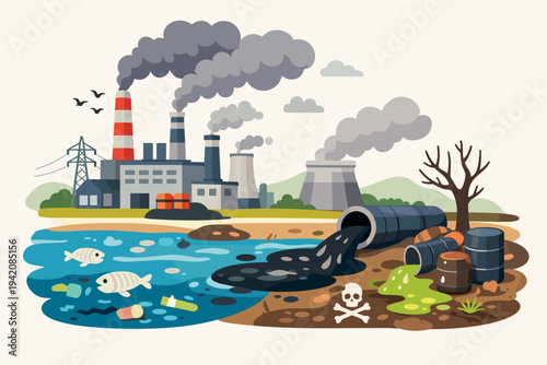 Environmental pollution vector illustration showing industrial factory emitting smoke, toxic waste leaking into soil, and wastewater pipe discharging into a river with dead fish and plastic trash.
