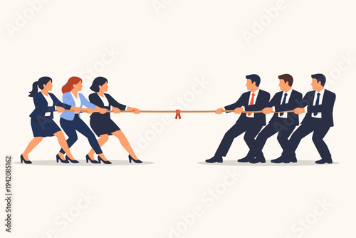 Businesswomen and Businessmen in a Tug of War Competition, Flat Vector Illustration of Gender Rivalry, Corporate Conflict, Teamwork, and Professional Struggle for Success in the Modern Workplace.