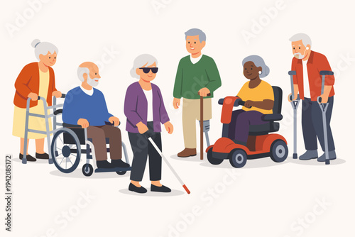 Diverse Group of Disabled Senior People Using Mobility Aids Including Wheelchair, Walker, White Cane for Blindness, Prosthetic Leg, Mobility Scooter, and Crutches in a Flat Vector Illustration.