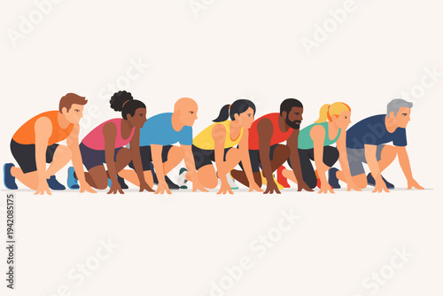 Diverse Group of Athletes in Starting Position Ready to Sprint or Run a Marathon, Multi-ethnic Men and Women Runners at the Start Line, Flat Vector Illustration for Sports and Fitness Concepts