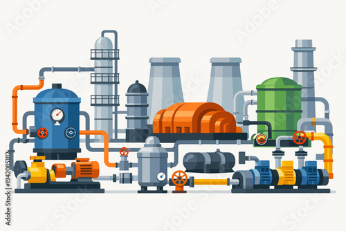 Industrial Power Plant Equipment and Piping System Flat Vector Illustration Featuring Colorful Tanks, Pumps, Valves, and Cooling Towers for Energy, Engineering, and Manufacturing Industry.