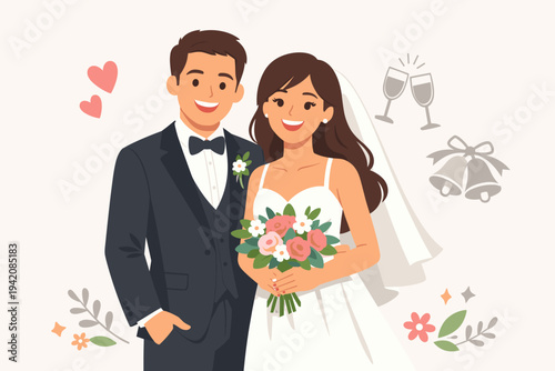 Happy Married Couple Celebrating Wedding Day, Bride in White Gown with Flower Bouquet and Groom in Black Tuxedo, Romantic Marriage Ceremony Flat Vector Illustration for Invitation Card Design