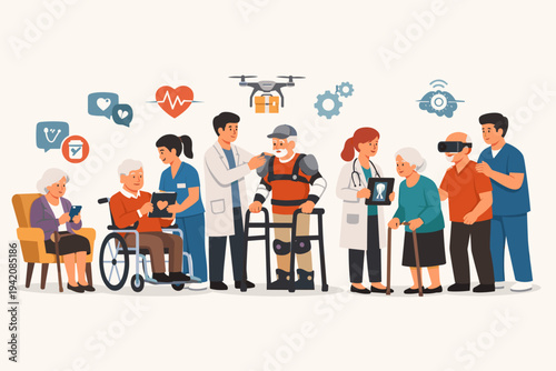Medical team assisting elderly patients with disabilities using modern technology like VR headsets, exoskeletons, drones for delivery, and health monitoring apps in a futuristic nursing home.