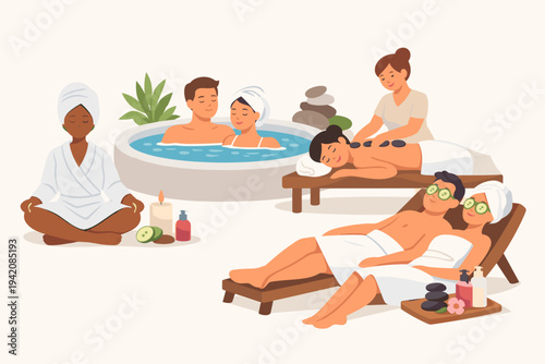 Flat vector illustration of people relaxing at a luxury spa and wellness center with activities like hot tub soaking, stone massage therapy, meditation, and facial treatments with cucumbers.