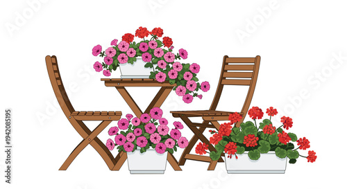 Two wooden folding chairs and a small table are arranged with four white planters filled with pink petunias and red geraniums.