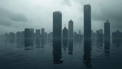 Flooded city skyline with moody clouds and reflective water