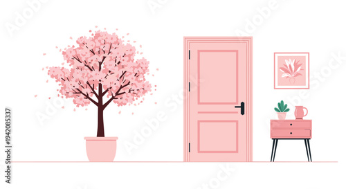 A potted cherry blossom tree stands beside a closed pink door and a matching pink nightstand with decorative items.