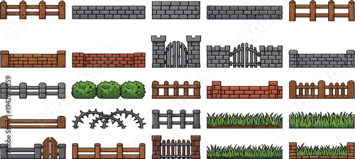 Game Environment Fence and Wall Elements Vector Set with Wooden Barriers, Stone Walls, Bushes and Grass for 2D Platformer Level Design