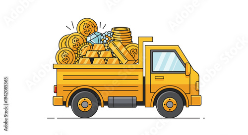 A bright yellow dump truck, viewed in profile, is heavily loaded with an overflowing pile of gleaming gold coins, bars, and blue diamonds.