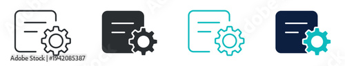 Document settings icon set, file configuration gear management symbol, in outline and solid silhouette style. Vector illustration.