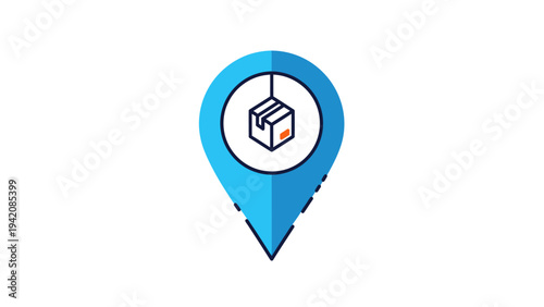 Delivery location map pin icon with a parcel box symbol, representing shipping, tracking, logistics, and ecommerce services.