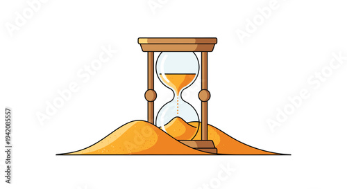 A light brown-framed hourglass containing bright orange sand is partially buried in a large, textured pile of sand on a white background.
