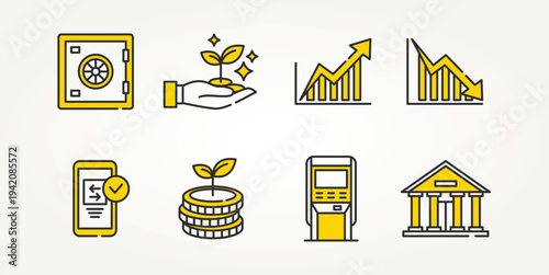 minimalist set of finance line art icons vector illustration design. icon stock of bank, transfer, investment, stock chart, safe, and more