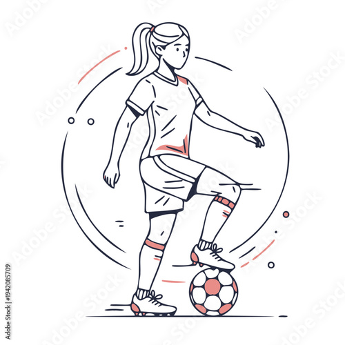 women soccer player with ball line art vector design, sport, vector, player, ball, football, soccer, athlete, illustration, cartoon, game, running, sports, baseball, action, people, team, silhouette,