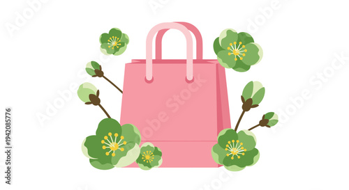 A single pink shopping bag with matching handles stands upright, encircled by five bloomed green flowers and four buds on a white background.