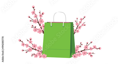 A single vibrant green shopping bag with white handles stands upright, framed by two delicate branches adorned with pink cherry blossoms on a white background.