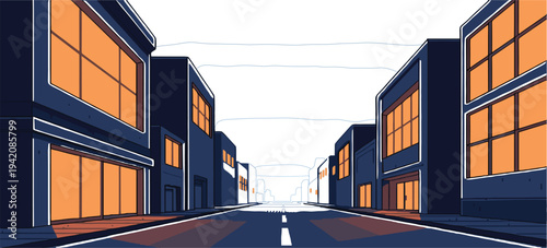 Urban City Street Perspective Background with Modern Buildings and Empty Road in Flat Design Style for Landscape Illustration and Digital Banner