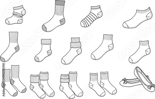 Mens and womens socks and ballet flats footwear collection including various styles for cad drawing flat vector illustration for fashion
