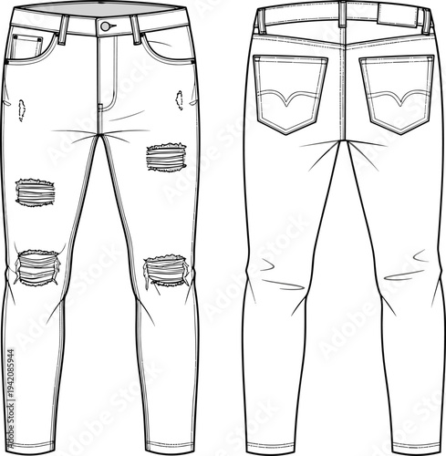 Mens slim fit distressed skinny jeans tech pack with ripped knee details front and back view cad drawing flat vector illustration