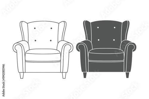 Two wingback armchairs, one outlined in black and white, the other filled with dark gray, isolated on a white background, furniture illustration.