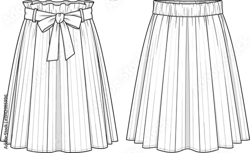 Womens elegant pleated paperbag waist skirt with bow belt, front and back view, cad drawing flat vector illustration for fashion