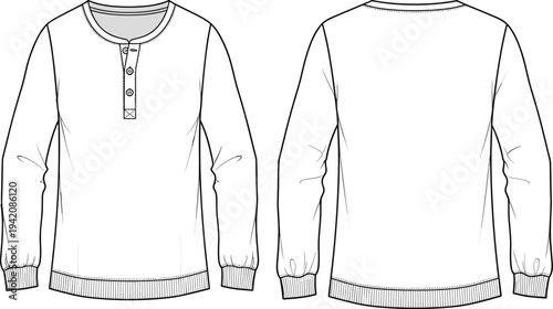 Mens casual long sleeve henley shirt tech pack front and back view cad drawing flat vector illustration for fashion design