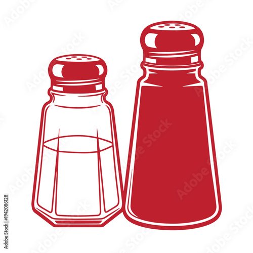 red and clear glass salt and pepper shakers on white background  kitchen condiment bottles