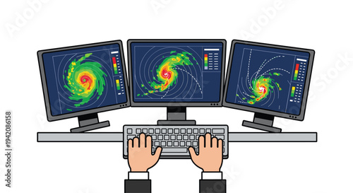 Two human hands are actively typing on a white keyboard, positioned in front of three blue monitors displaying colorful swirling weather patterns.