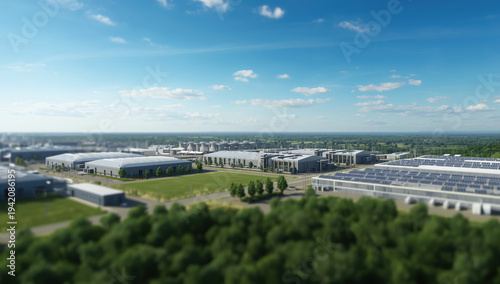 Wallpaper Mural Industrial campus aerial view with solar panels and green landscape, bright sky Torontodigital.ca