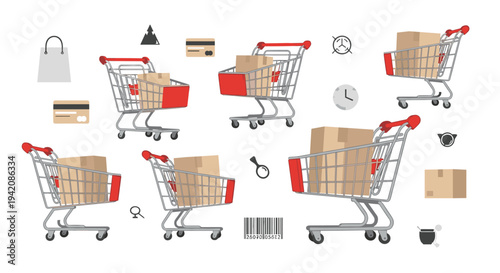 Six red-handled shopping carts, each filled with brown cardboard boxes, are arranged on a white background surrounded by various commerce icons.