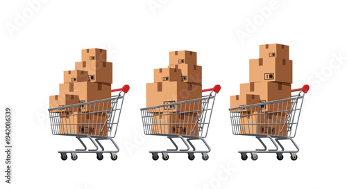 Three identical red-handled shopping carts are overflowing with tall, neatly stacked brown cardboard boxes, each featuring small black symbols.
