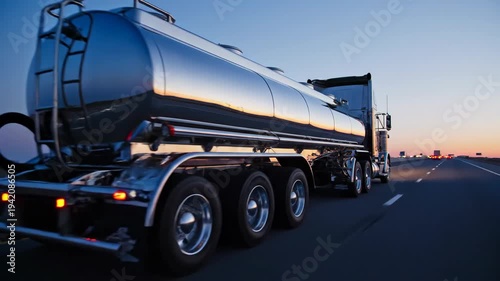 Silver tanker truck driving on highway at sunset. Heavy vehicle transport in logistics industry. Industrial delivery on road during twilight for global commerce.