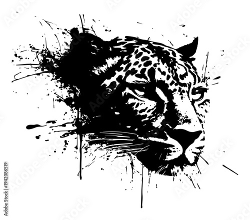 Detailed leopard head portrait with expressive black ink splatter and grunge effects