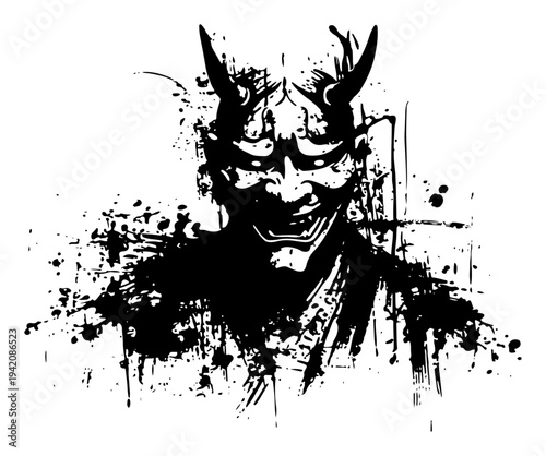 Traditional Japanese hannya mask demon face with dramatic ink splatter elements