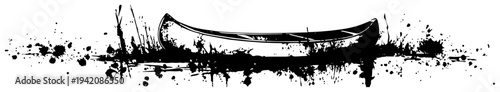 Minimalist black and white canoe illustration with artistic ink splatters